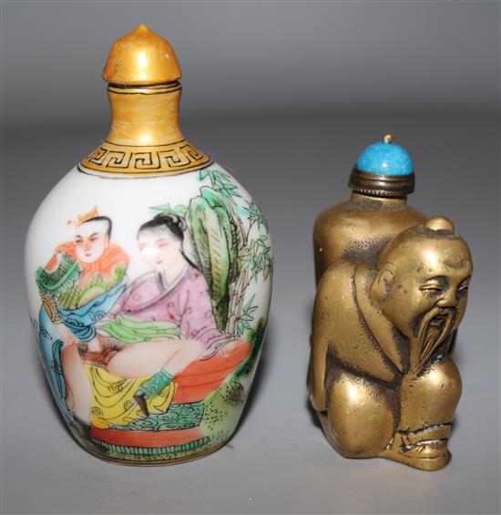 Chinese erotic snuff bottle and a metal snuff bottle